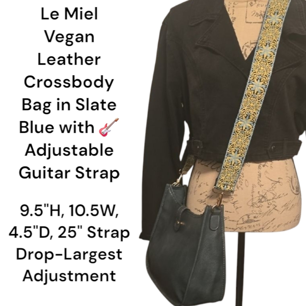 LE MIEL Vegan Leather Crossbody Bag w/ Adjustable Guitar🎸Strap- Slate Blue Nwt